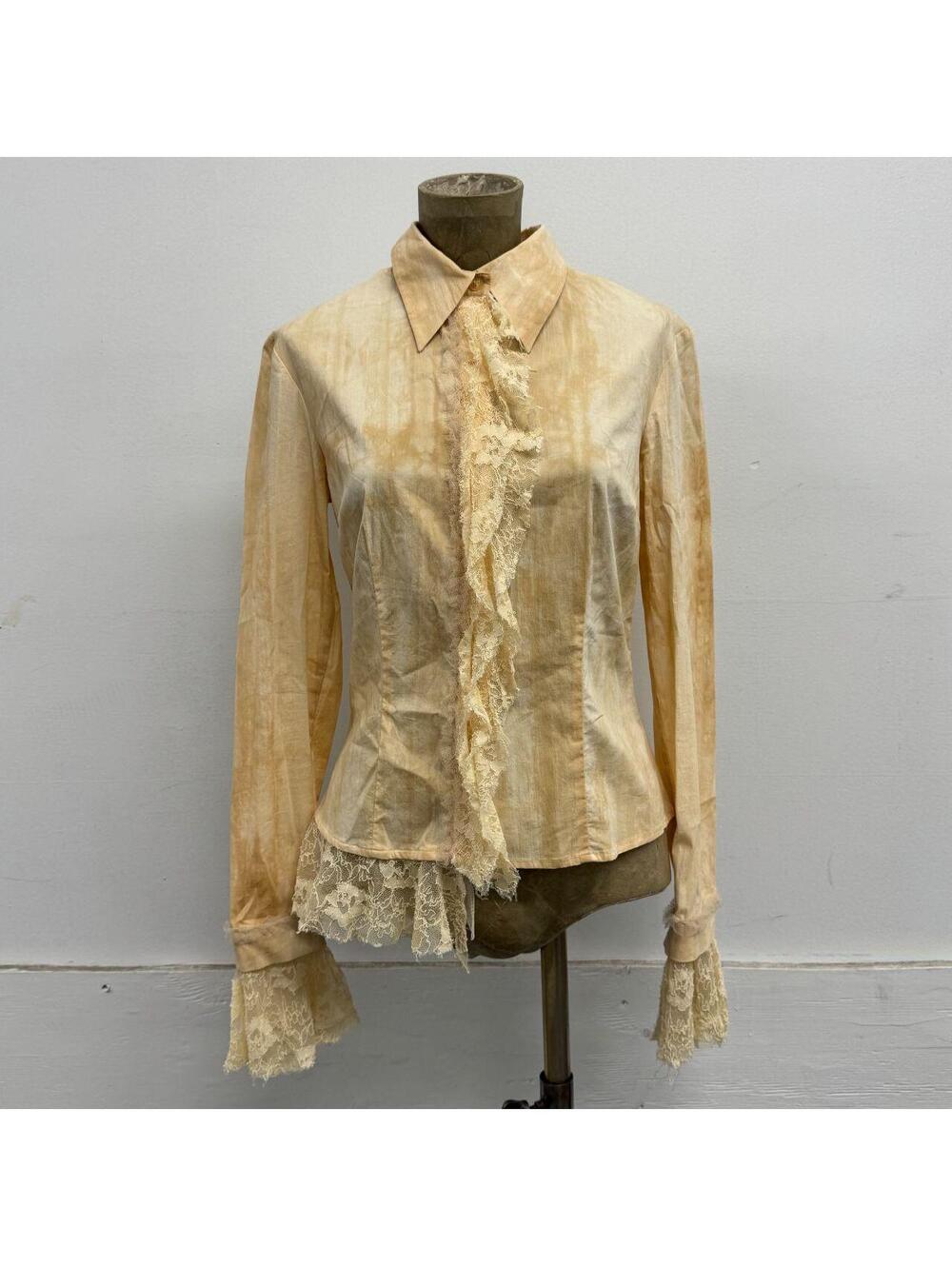 Vintage Barami Tea-Stained Velvet & Floral Lace Jabot Ruffle Blouse